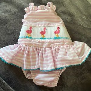Velani Classics infant Girls Flamingo Smocked Pink/White striped Swimsuit 3M